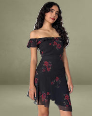 Ursula Bardot Mini Dress in Black Vintage Rose