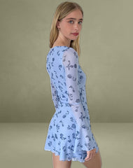 Sevila Long Sleeve Mini Dress in Inky Blue Floral Mesh