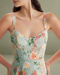Green Floral Sweetheart Neck Slip Midi Dress