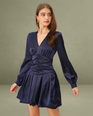 Navy Ruched A-Line Mini Dress