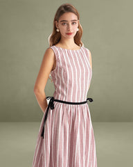 Red Plaid Boat Neck Midi Dress