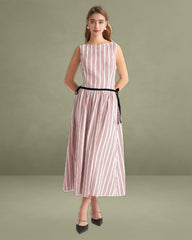 Red Plaid Boat Neck Midi Dress