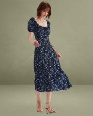 Navy Floral U-Neck Puffed-Sleeve Maxi Dress