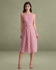 Pink Striped V Neck Sleeveless Midi Dresses