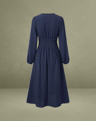 Navy Polka Dot Shirred Midi Dress