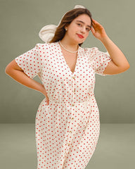 Beige Polka Dot Plus Size Midi Dress
