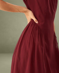Wine Red Chiffon Sleeveless Midi Dress