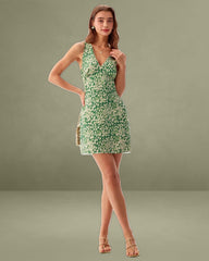 Green Floral Sleeveless Mini Dress