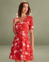 Red Floral A-Line Wrap Mini Dress