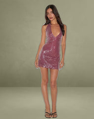 Hepasi Halter Mini Dress in Clear Sequin Maroon