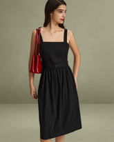 Black A-Line Square Neck Ruched Slip Midi Dress