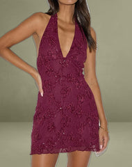 Codami Halterneck Mini Dress in Sequin Knit Burgundy