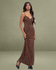 Kalana Maxi Dress in Brown Swirl Flock