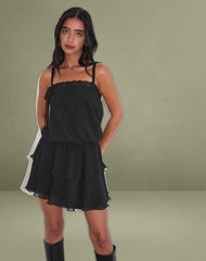 Wasinah Mini Dress in Black Chiffon with Lace Trim