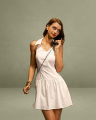 White Ruched Halter Backless Mini Dress