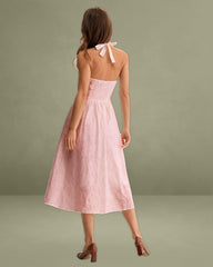 Pink Embroidery Halter Midi Dress