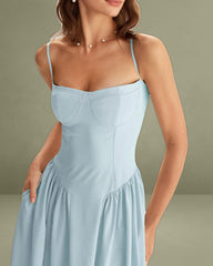 Blue Square Neck Pocket Slip Midi Dress