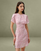 Pink Floral Round Neck Pleated Mini Dress