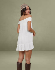 Panasi Bardot Babydoll Mini Dress in Off White