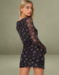 Wilem Long Sleeve Dress in Femme Floral Black and Gold