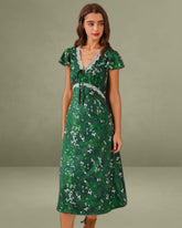 Green Floral V Neck Ruched Midi Dress