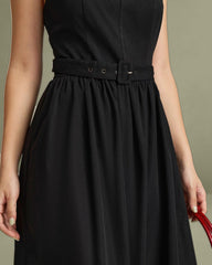 Black A-Line Square Neck Ruched Slip Midi Dress