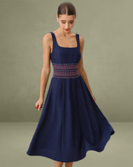 Blue Square Neck Shirred A-Line Slip Midi Dress