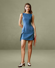 Blue Boat Neck Belted Mini Dress