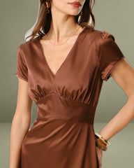 Brown V Neck Cap Sleeve Midi Dress