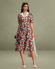 Black Floral Contrast Midi Dress