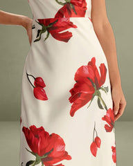 Red Floral Satin Slip Maxi Dress