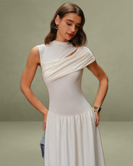 Beige Ruched Cap Sleeve Maxi Dress