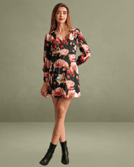 The V Neck Long Sleeve Floral Wrap Mini Dress