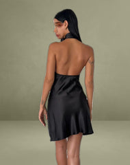 Brigid One Shoulder Satin Dress in Black
