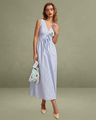 The Blue V Neck Shirred Striped Maxi Dress