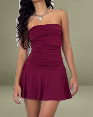 Yasmin Bandeau Mini Slinky Dress in Burgundy
