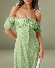 Green Floral Square Neck Puffed Sleeve Midi Dress