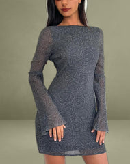 Sava Open Back Long Sleeve Mini Dress in Black Floral Chiffon