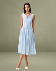 Blue V Neck Button Sleeveless Midi Dress