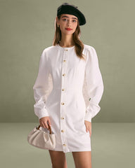 The White Round Neck Button Mini Dress