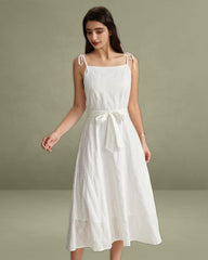 White Textured Square Neck Slip Midi Dress