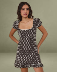 Bella Mini Tea Dress in Floral Broderie Brown