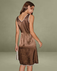 Brown Contrasting V Neck Satin Midi Dress