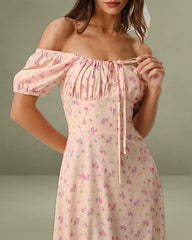 Pink Floral Square Neck Puffed Sleeve Midi Dress