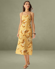 Yellow Floral Shirred Retro Midi Slip Dress