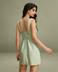 Green Plaid Square Neck Shirred Slip Mini Dress