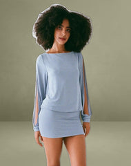 Carola Cut Out Arms Mini Dress in Shimmer Blue