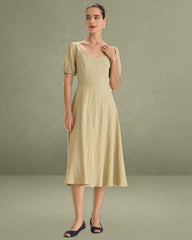 Green Sweetheart Neck Shirred Midi Dress