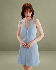 Blue Button Pocket Halter Mini Dress