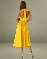Yellow Satin A-Line Halter Midi Dress